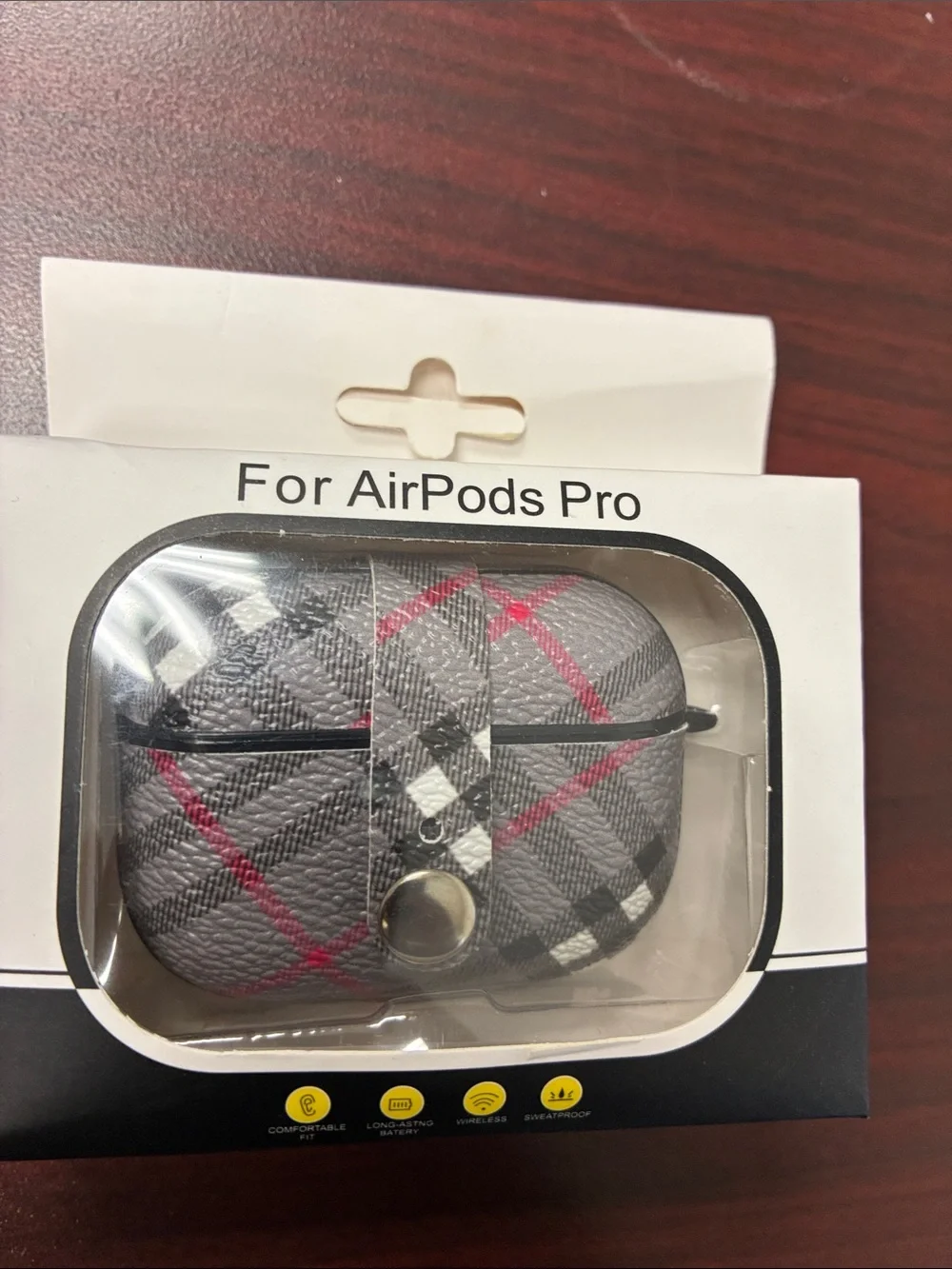 Plaid Gray AirPods Pro Case Cover with Red Accent - Compatible